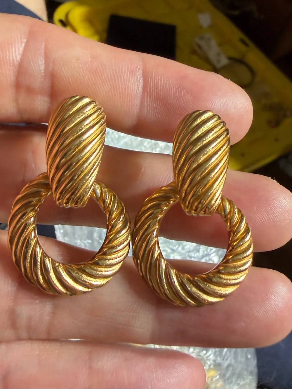 Door Knocker Round Dangle Drop Clip on Earrings Women Gold Tone